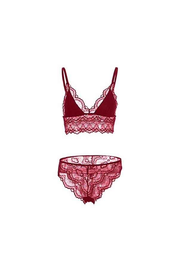 Ensemble de lingerie sexy à manches longues pour femme avec bretelles en dentelle creuse, Rouge, XL