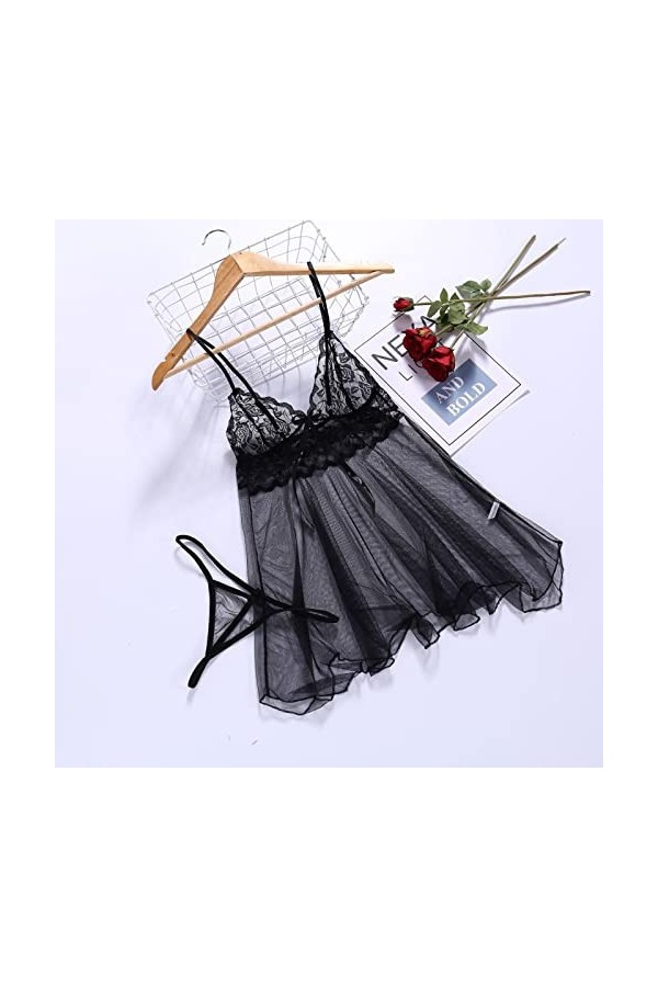 Jiabing Femme Dentelle Dentelle Sexy Femme Voir à Travers la Chemise de Nuit Fendue sur Le Devant Corset Sexy Ouvert Black, 