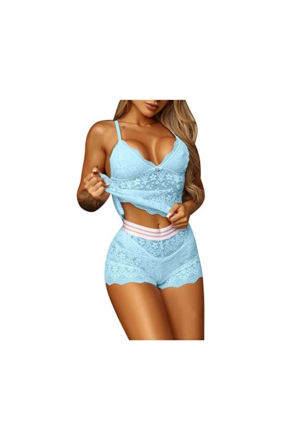 Lingerie sexy en dentelle pour femme - Style Nouvel An 2023 - Lingerie sexy en dentelle - Grande taille, bleu, L
