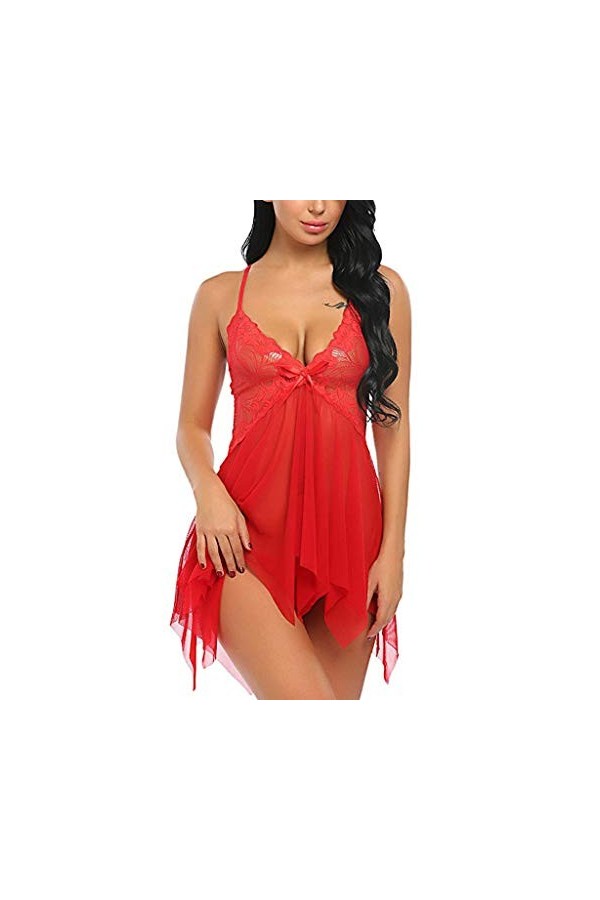 Luckywaqng Robe de nuit transparente vêtements dentelle femme ceinture fleur chemise V pilule bébé sous-vêtements décolleté l