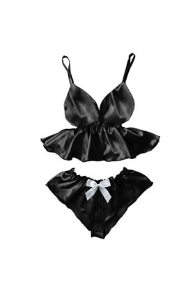 Luckywaqng Lingerie sexy pour femme - Mini jupe bowknot - Avec dentelle - Col en V - Kamisol - Sexy - Lingerie sexy, Noir , X