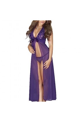 ZDJSWJ Robe Longue en Maille Dentelle pour Femmes sous-vêtements Maxi Long à Haute Fourche Sheer Split poupée Combinaison Pyj