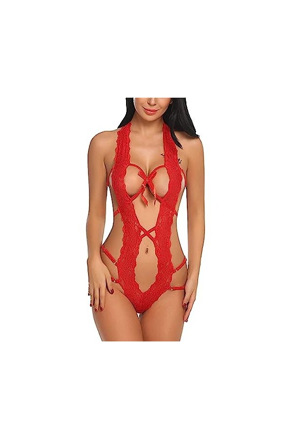 ZDJSWJ Femmes Deep V Halter Lingerie Une pièce poupée Lingerie Dentelle Teddy Body Lingerie Pyjama Rouge,L 