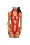 ZDJSWJ Femmes Deep V Halter Lingerie Une pièce poupée Lingerie Dentelle Teddy Body Lingerie Pyjama Rouge,L 