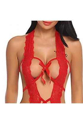 ZDJSWJ Femmes Deep V Halter Lingerie Une pièce poupée Lingerie Dentelle Teddy Body Lingerie Pyjama Rouge,L 