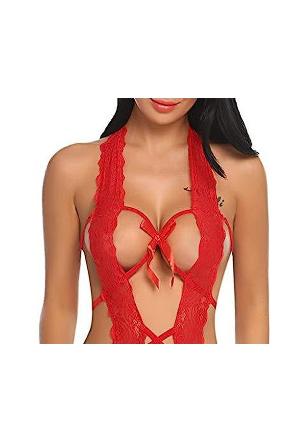 ZDJSWJ Femmes Deep V Halter Lingerie Une pièce poupée Lingerie Dentelle Teddy Body Lingerie Pyjama Rouge,L 