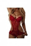 ZDJSWJ Femmes Tout-en-Un Deep V-Neck Cils Dentelle Collants sous-vêtements topback Set poupée sous-vêtements Rouge,3XL 