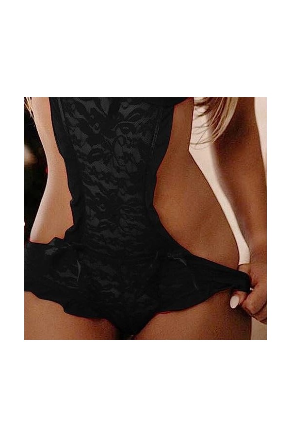 ZDJSWJ Femmes One Piece Deep V Neck Lashes Dentelle Collants Lingerie Ensemble Dos Nu poupée sous-vêtements Noir,L 