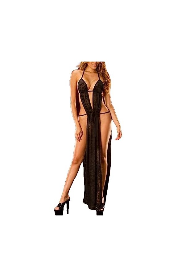 ZDJSWJ Femmes Mesh Tulle Long Pyjama Dentelle poupée Long Dos Nu Pyjama Une pièce Profonde V Dentelle Robe de Nuit Noir,XXL 
