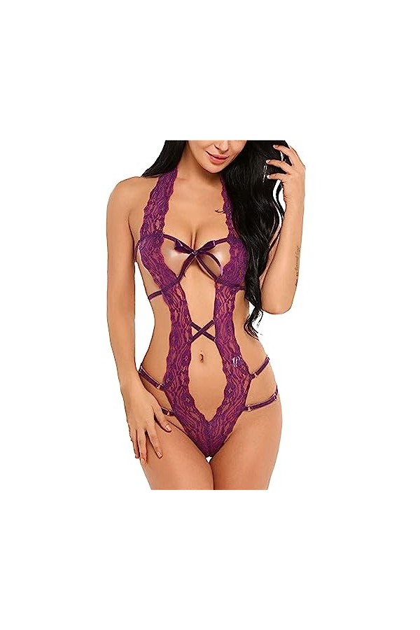 ZDJSWJ sous-vêtements Deep V Halter pour Femme Body poupée sous-vêtements Dentelle Teddy Combinaison sous-vêtements Pyjama V