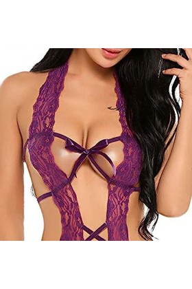 ZDJSWJ sous-vêtements Deep V Halter pour Femme Body poupée sous-vêtements Dentelle Teddy Combinaison sous-vêtements Pyjama V