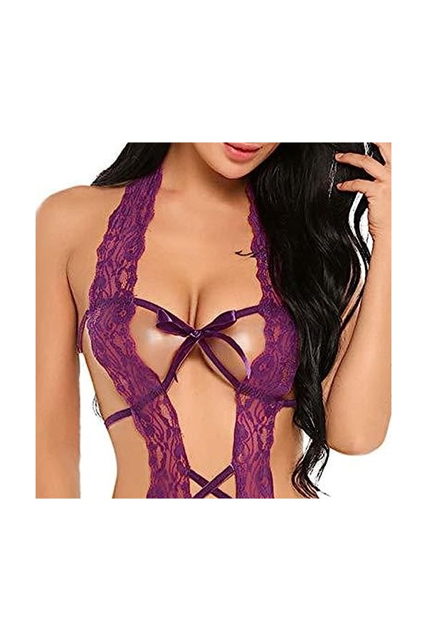 ZDJSWJ sous-vêtements Deep V Halter pour Femme Body poupée sous-vêtements Dentelle Teddy Combinaison sous-vêtements Pyjama V