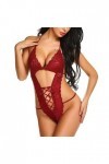 ZDJSWJ Femmes Dentelle Corset sous-vêtements Deep V Teddy Une pièce Pyjama Cils Dentelle poupée Pyjama Rouge,XL 