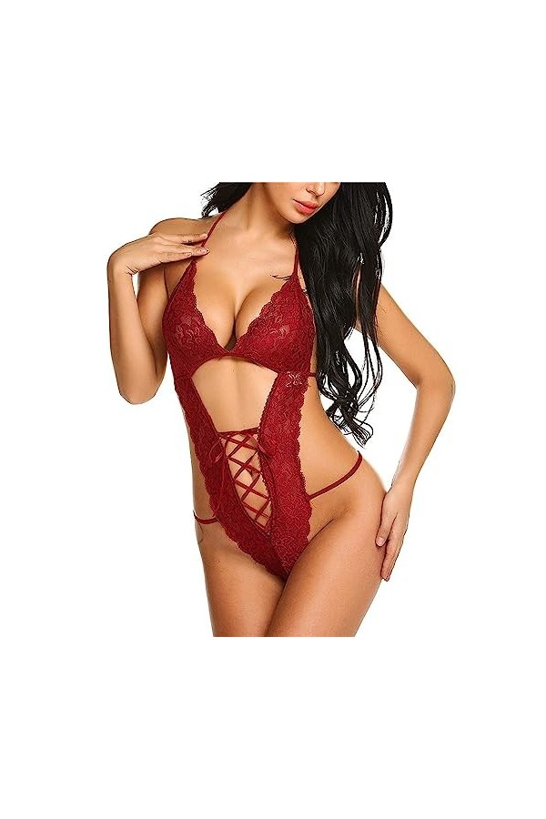 ZDJSWJ Femmes Dentelle Corset sous-vêtements Deep V Teddy Une pièce Pyjama Cils Dentelle poupée Pyjama Rouge,XL