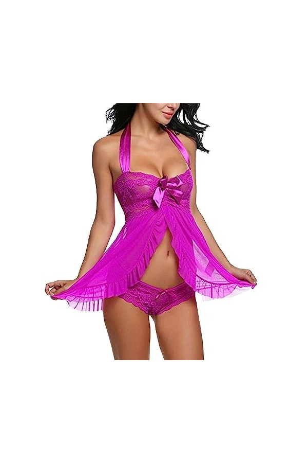 ZDJSWJ sous - vêtements de poupée en Dentelle pour Femmes Pyjama en Maille col V Pyjama Jupe de fée Pyjama Violet,XXL 