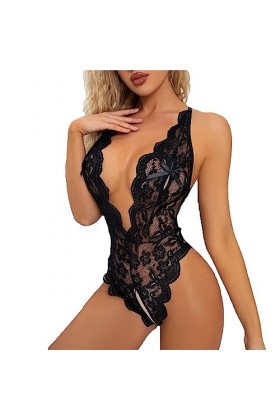 ZDJSWJ Femmes Deep V Teddy Doll Dentelle Une pièce Lingerie Body évidement Transparent Body Noir,L 