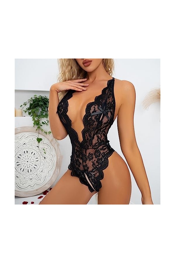 ZDJSWJ Femmes Deep V Teddy Doll Dentelle Une pièce Lingerie Body évidement Transparent Body Noir,L