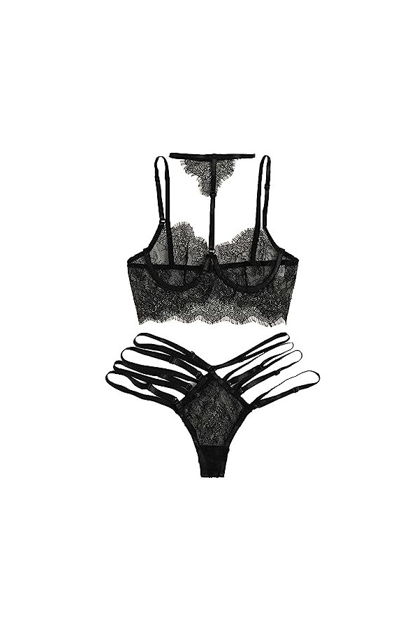 ZDJSWJ sous - vêtements à col Suspendu en Dentelle pour Femmes Dentelle Pyjama poupée Teddy Pyjama Ensemble de Lingerie col V