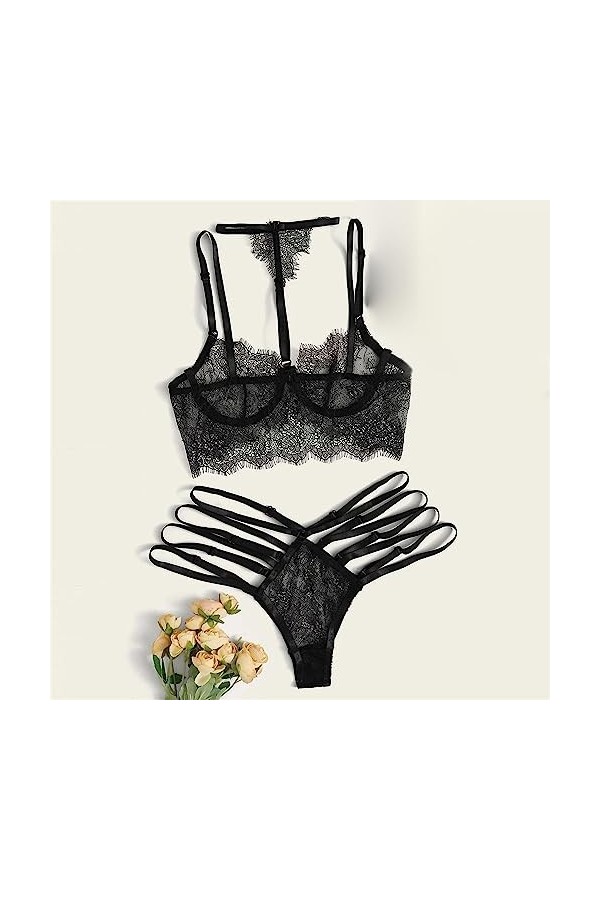 ZDJSWJ sous - vêtements à col Suspendu en Dentelle pour Femmes Dentelle Pyjama poupée Teddy Pyjama Ensemble de Lingerie col V