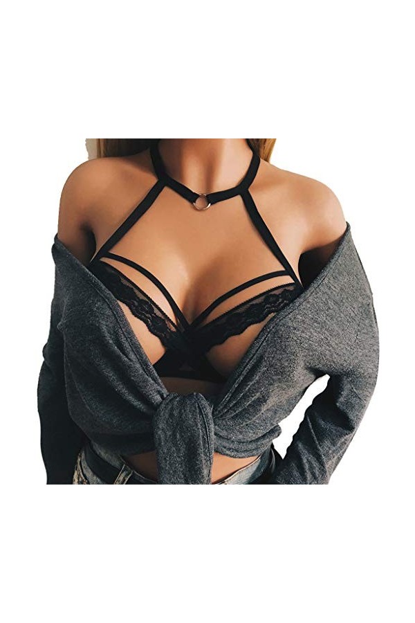 Sexy Kimono Femme Soutien-gorge Élastique Sans Bretelles Cage Séduisante Body Lingerie Sexy, Noir , XL