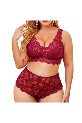 CreoQIJI Bustier Femme Plus Size Sexy Lingerie Col V Taille Haute Dentelle Fleur Soutien-gorge et Culotte Ensemble 2 Pièces S