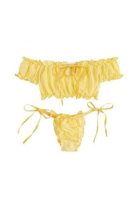 Ensemble de couleurs divisées Sous-vêtements solides sexy sexy en dentelle pour femme Sous-vêtements sexy pour homme, jaune, 