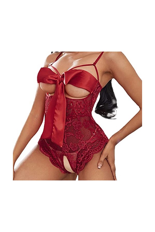 Hasagimol Lingerie Sexy Femme éRotique Pute Une pièce Col V Profond Dos Nu Réglable Teddy Sous-VêTement Dentelle Babydoll Bod