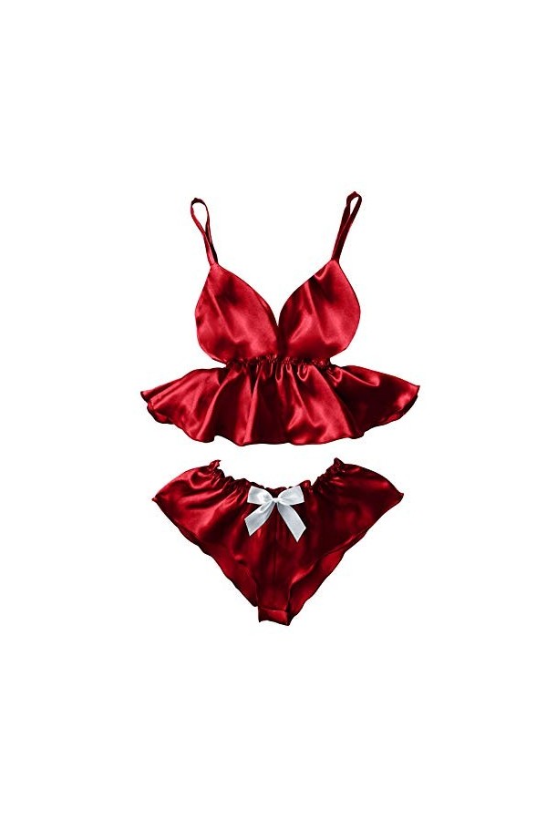 Luckywaqng Lingerie sexy pour femme - Mini jupe bowknot - Avec dentelle - Col en V - Kamisol - Sexy - Lingerie sexy, rouge, X