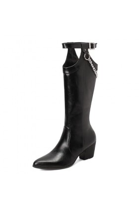WOkismD 6CM/2.36IN Bout Pointu Talon Épais Chaîne En Métal Genou-Haute Bottes Grande Taille Talon Haut Bottes,Noir,38 EU