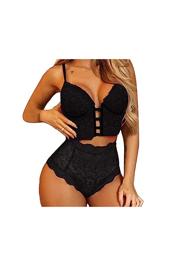 Femmes Soutien-Gorge et Culotte Ensemble sous-vêtements Taille Haute Sangles poupées Combinaison Fleur Dentelle sous-vêtement