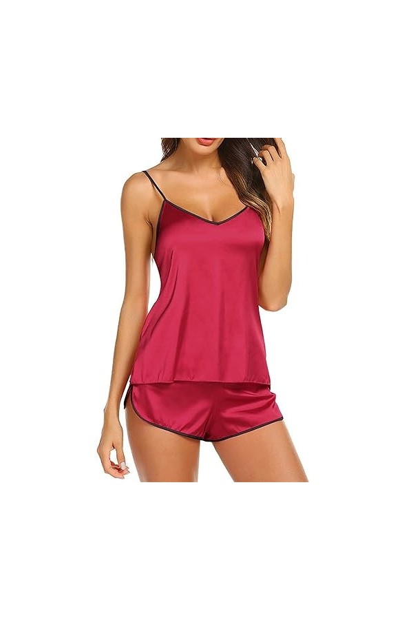 ZDJSWJ Pyjama pour Femmes avec Shorts Set Gilet avec Shorts Pyjama Set de Deux Pyjamas à Bretelles en Soie Rouge,XXL 