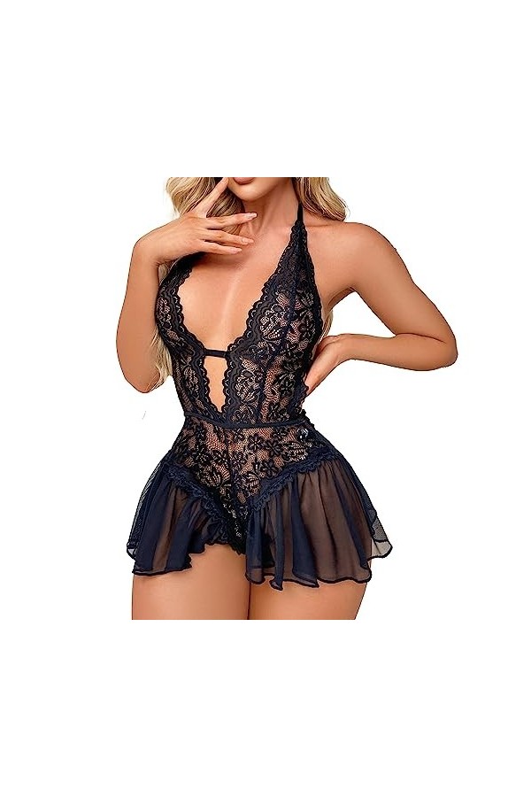 ZDJSWJ Femmes Dentelle Collants Deep V Fleurs Tout -en -Un poupée sous-vêtements V-Neck Pyjama Bretelles sous - vêtements No