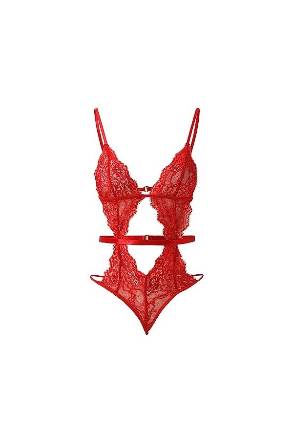 ZDJSWJ sous-vêtements Femme en Dentelle Tout-en-Un Pyjama poupées Deep V Teddy Poupée Body évidée Rouge,L 