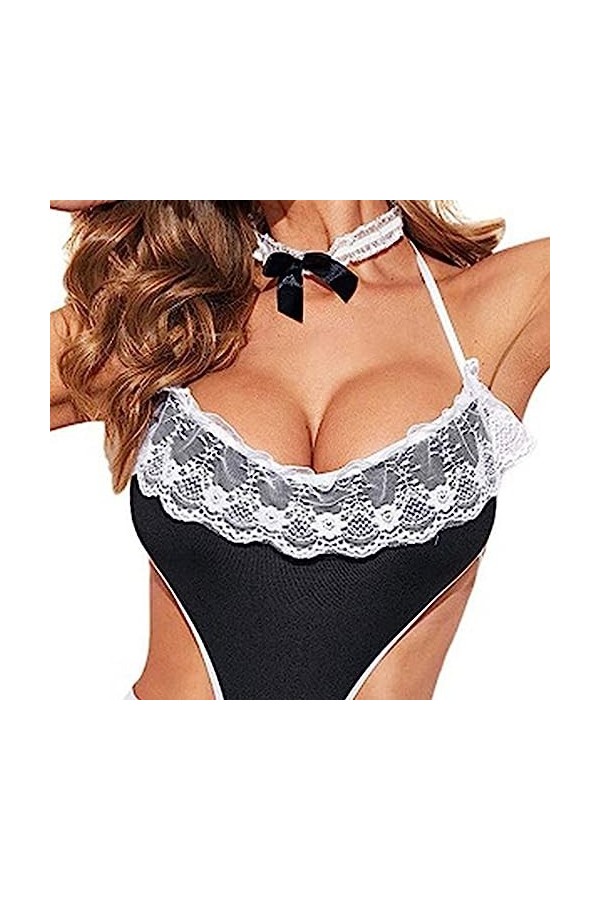 ZDJSWJ Femmes Maid Uniforme Lingerie Dentelle Une pièce Maid Cosplay Lingerie Set Transparent Lacets Mesh Doll Noir,S 