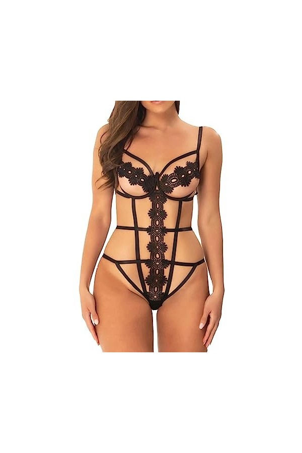 ZDJSWJ Ensemble Femmes Dentelle sous - vêtements Body Teddy Harnais poupées Deep V Lingerie Pyjama Noir,S 