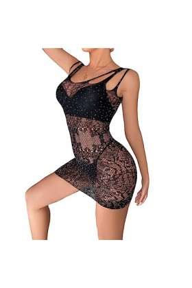 ZDJSWJ Femmes Filet de pêche Collants étincelant Strass sous - vêtements poupée Maille Robe Brillant Dentelle Teddy Pyjama N