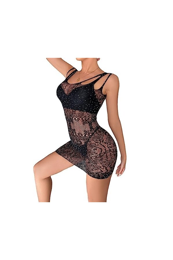 ZDJSWJ Femmes Filet de pêche Collants étincelant Strass sous - vêtements poupée Maille Robe Brillant Dentelle Teddy Pyjama N