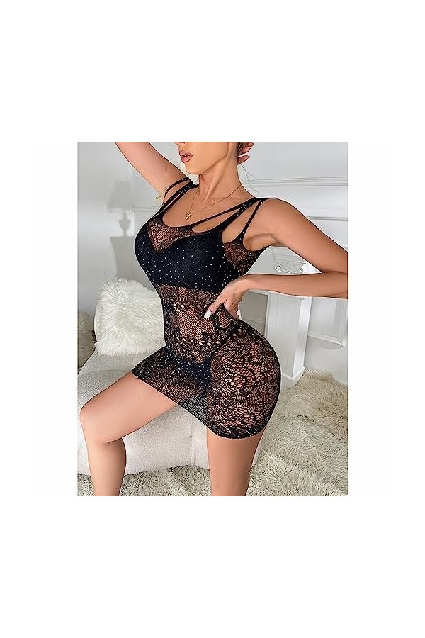 ZDJSWJ Femmes Filet de pêche Collants étincelant Strass sous - vêtements poupée Maille Robe Brillant Dentelle Teddy Pyjama N