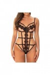 ZDJSWJ Femmes Ensemble Dentelle sous-vêtements Une pièce Teddy Body Lace poupées Deep V Lingerie Pyjama Noir,S 