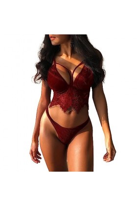 ZDJSWJ Femmes Soutien-Gorge et Culotte Ensemble Dentelle sous-vêtements bébé poupée V Cou Cils 2 pièces sous-vêtements Rouge