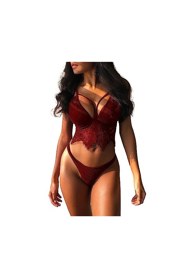 ZDJSWJ Femmes Soutien-Gorge et Culotte Ensemble Dentelle sous-vêtements bébé poupée V Cou Cils 2 pièces sous-vêtements Rouge