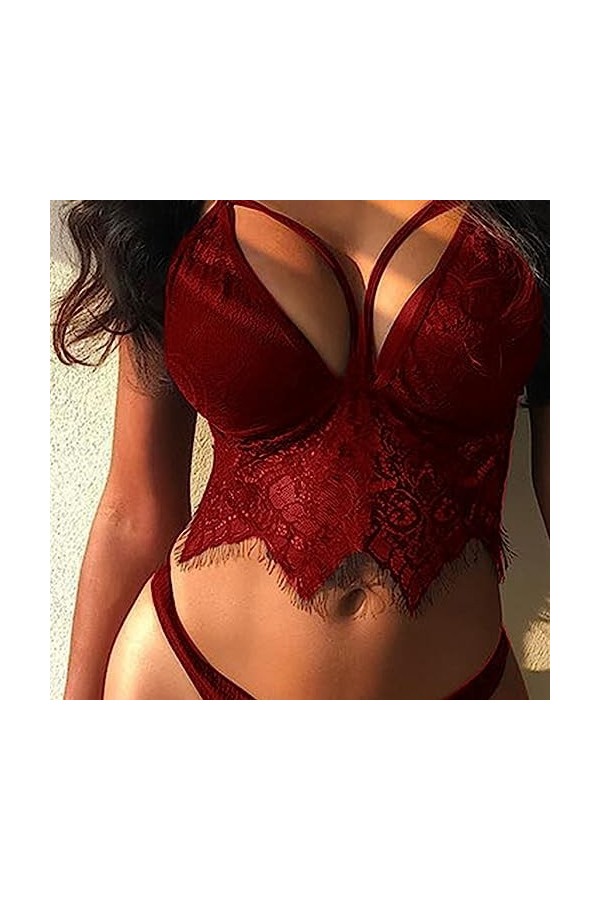 ZDJSWJ Femmes Soutien-Gorge et Culotte Ensemble Dentelle sous-vêtements bébé poupée V Cou Cils 2 pièces sous-vêtements Rouge
