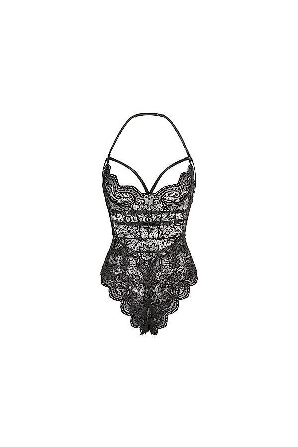 ZDJSWJ Femmes Tout-en -Un Dentelle sous-vêtements en V Profond Dentelle Teddy Dolls Mesh Body Pyjama sous-vêtements Noir,M 