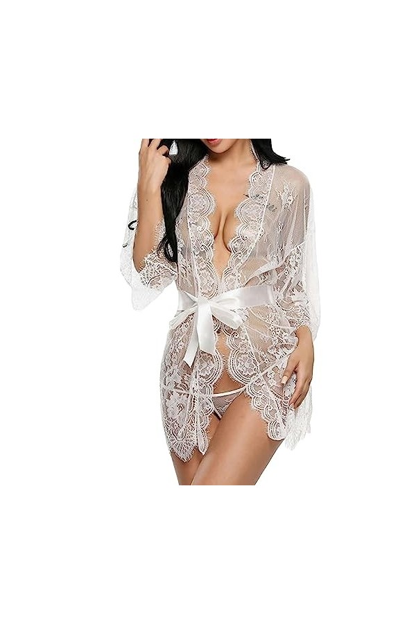 ZDJSWJ Femme Dentelle Kimono Robe poupée sous - vêtements Tulle Pyjama Lingerie Cils Pyjama Robe Blanc,S 