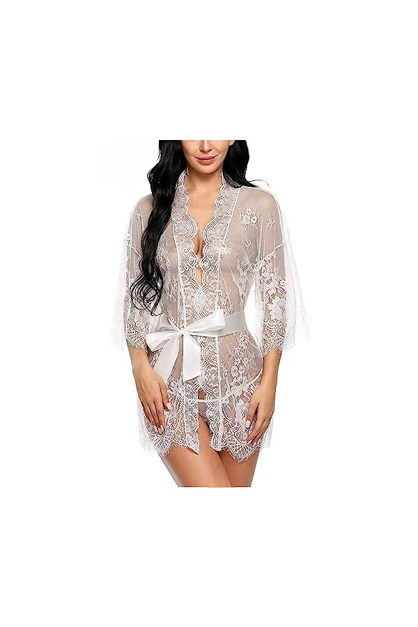 ZDJSWJ Femme Dentelle Kimono Robe poupée sous - vêtements Tulle Pyjama Lingerie Cils Pyjama Robe Blanc,S 