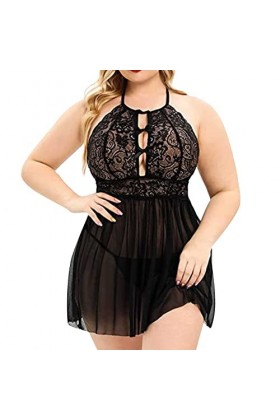 Générique Lingerie Grande Taille pour Femmes Licou Dentelle Chemise Maille évider Chemise de Nuit Dentelle nœud Teddy vêtemen