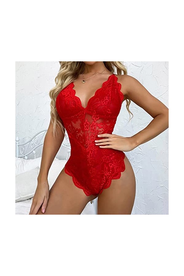 Hasagimol Lingerie Sexy Femme Coquine Hot Grande Taille Col V Profond Dos Nu Réglable Teddy Sous-VêTement Dentelle Babydolls 
