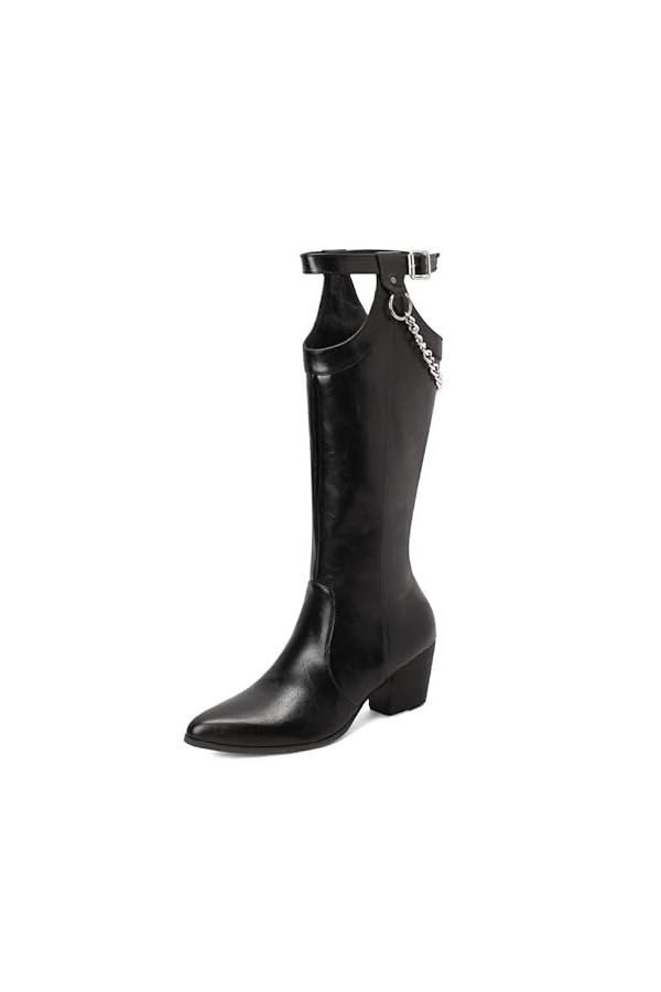 WOkismD 6CM/2.36IN Bout Pointu Talon Épais Chaîne En Métal Genou-Haute Bottes Grande Taille Talon Haut Bottes,Noir,38 EU