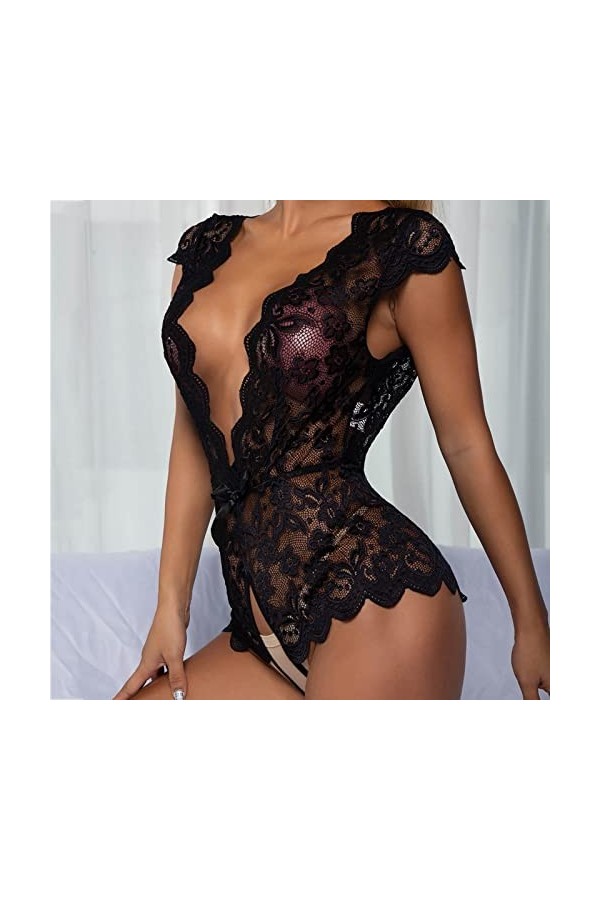 Hasagimol Lingerie Sexy Femme Coquine One-Piece Col V Profond Dos Nu Réglable Teddy Sous-VêTement Ouvert Dentelle Babydolls B