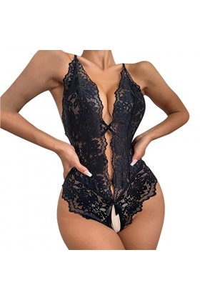 CreoQIJI Ensemble de lingerie sexy en dentelle avec bretelles et fermeture à pression pour femme, Noir , L
